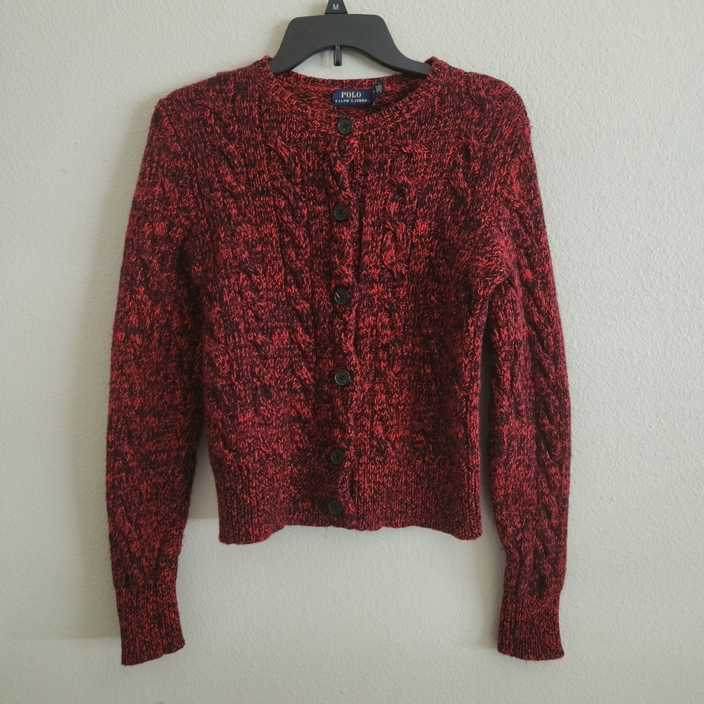 Polo Ralph Lauren Red Black Marled Cable Knit Wool Blend Cardigan Sweater M